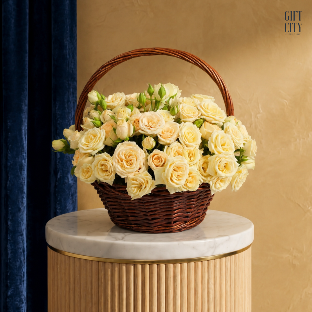 Luxury Cream Rose Bouquet Basket | Elegant Floral Gift Arrangement