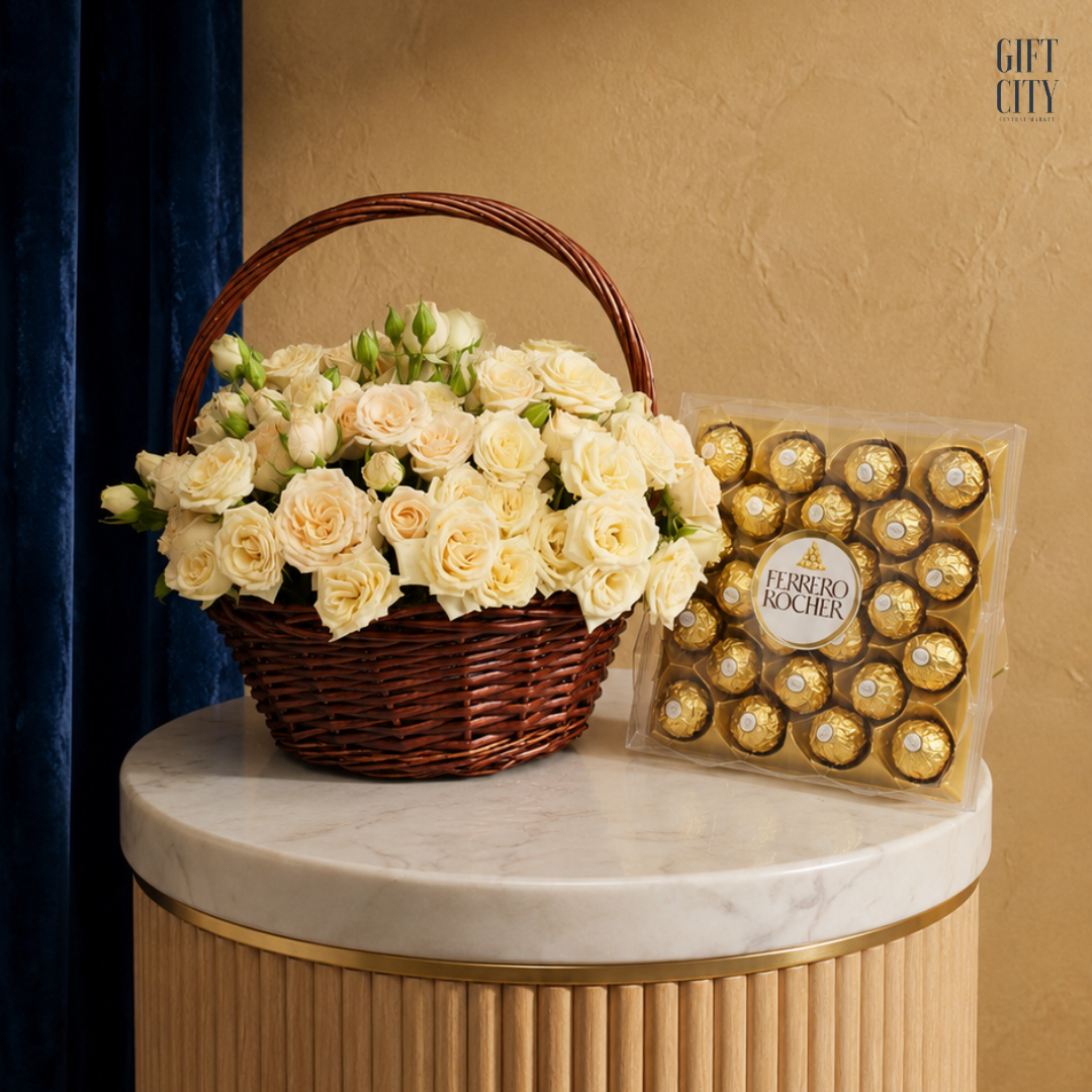 Luxury Cream Rose Bouquet with Ferrero Rocher Chocolates