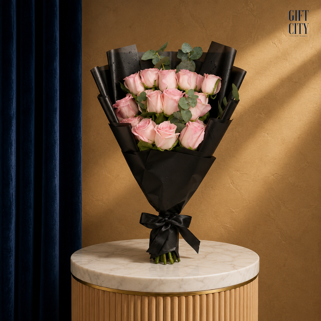 Silent Sentiment Bouquet | Luxury Pink Roses in Elegant Black Wrap
