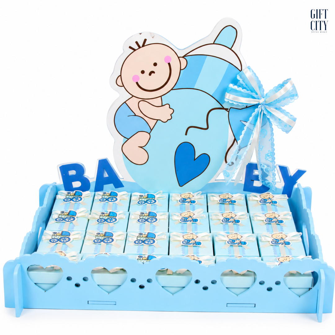 Blue Wooden “BABY” Chocolate Gift Tray – 24 Chocolate Favors for Baby Boy Welcoming Celebrations