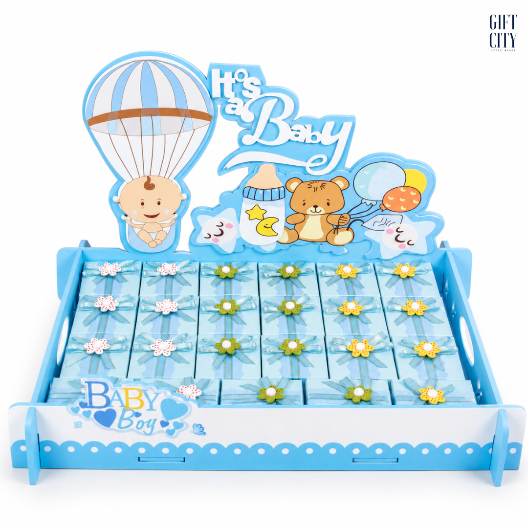 It's a Baby Boy Blue Wooden Gift Tray with 24 Decorated Chocolate Favors | Newborn Celebration Gift
