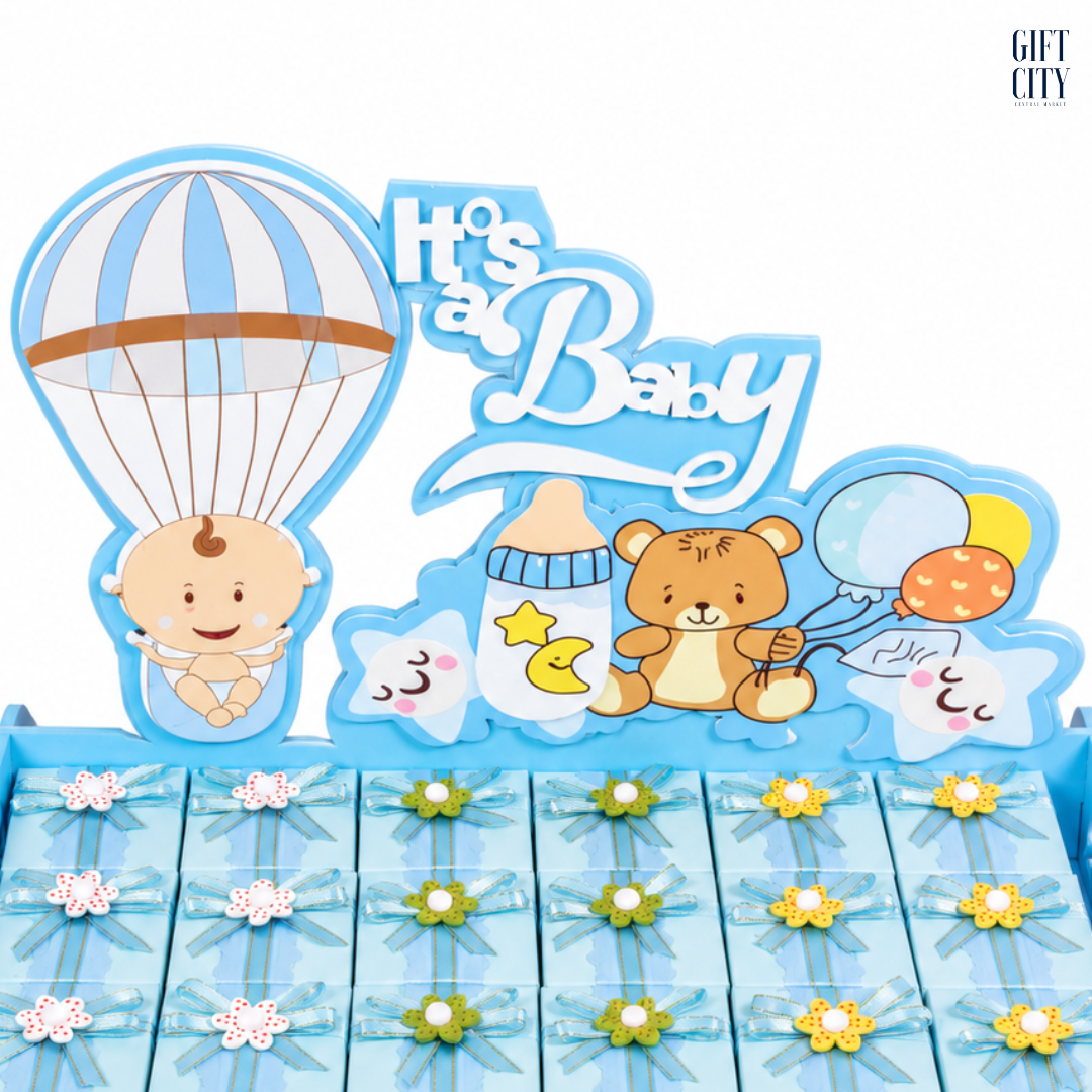 It's a Baby Boy Blue Wooden Gift Tray with 24 Decorated Chocolate Favors | Newborn Celebration Gift