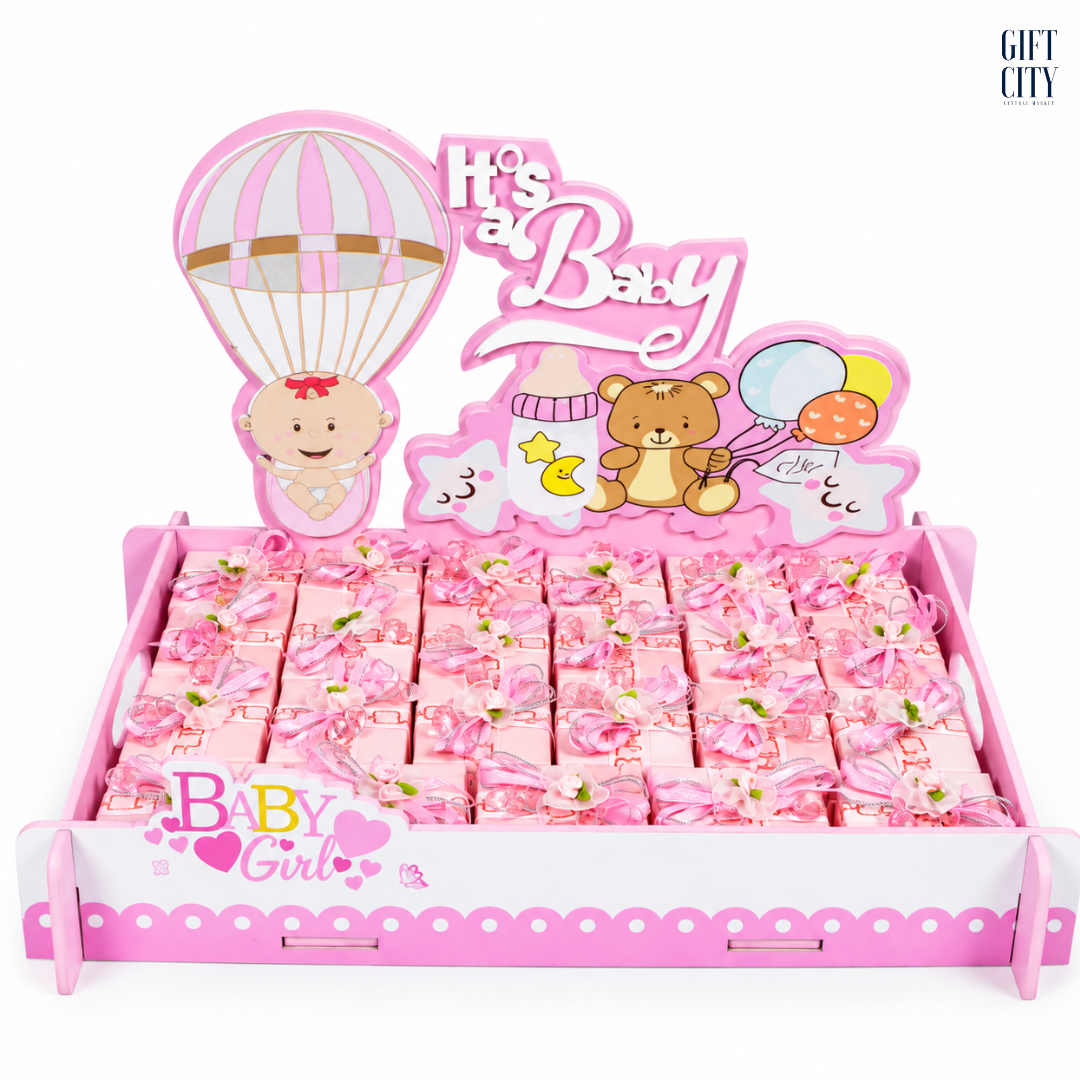 It's a Baby Girl Pink Wooden Gift Tray with 24 Decorated Chocolate Favors – Newborn Celebration Gift Set