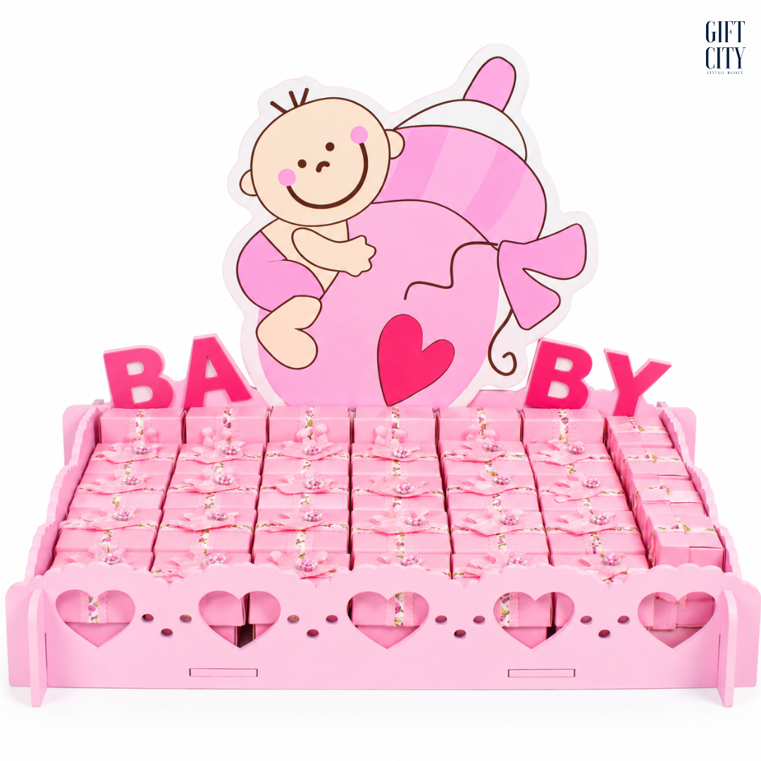 Pink Wooden “BABY” Chocolate Gift Tray – 34 Pieces for Baby Boy Welcoming Favors