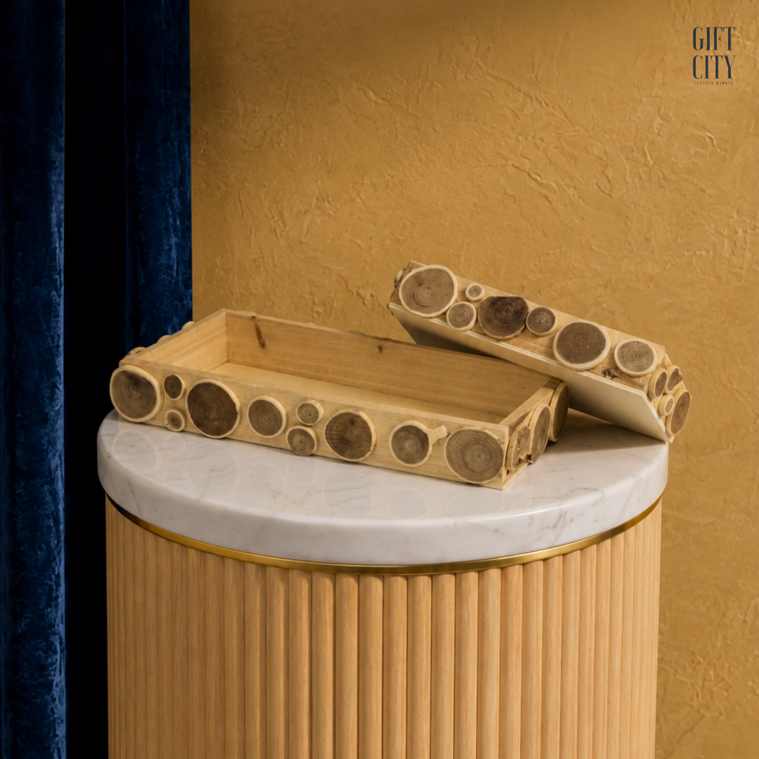 Rustic Rectangle Tray Box Set with Decorative Wood Circle Design – 2 Pieces