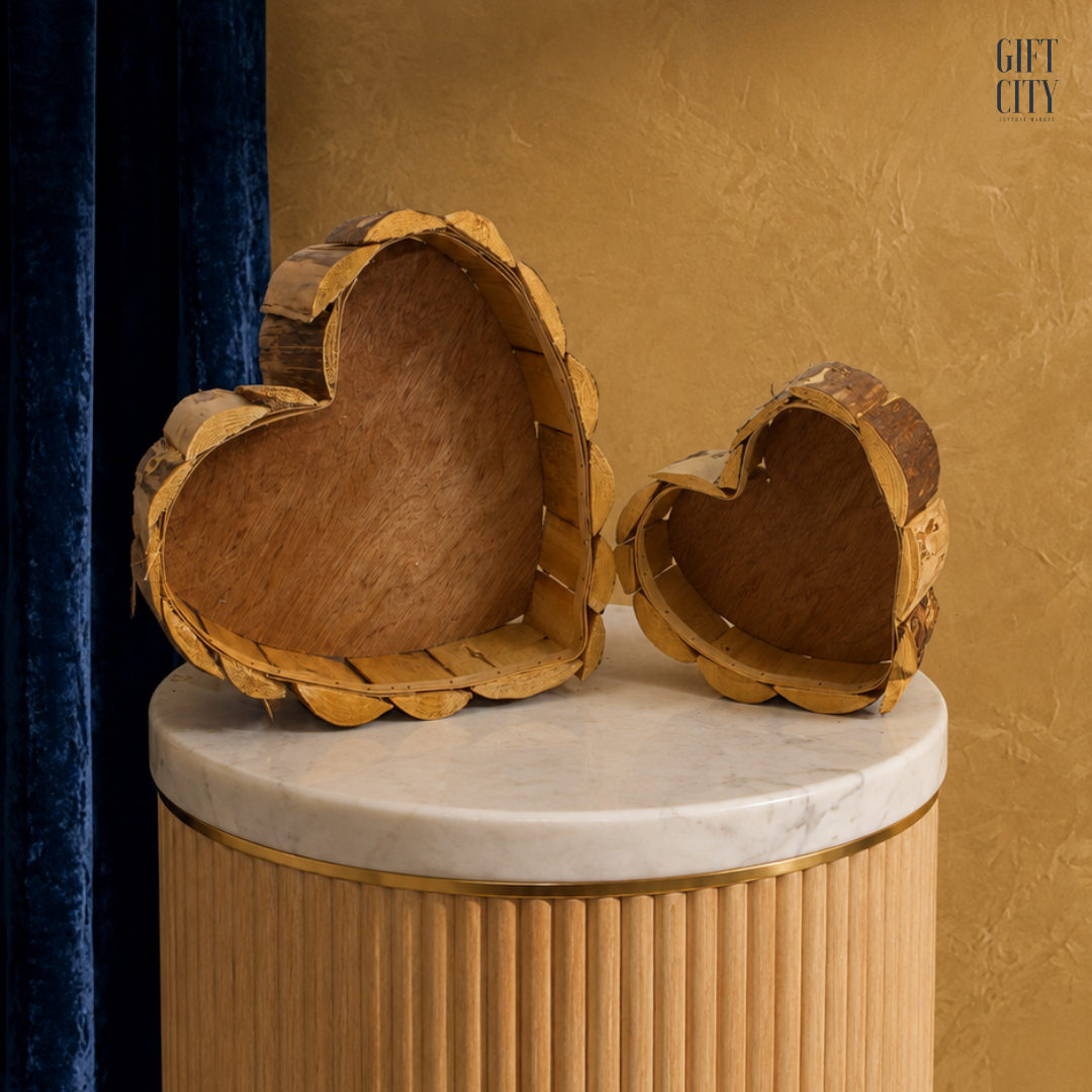 Set of 2 Rustic Heart-Shaped Wooden Planters with Natural Bark