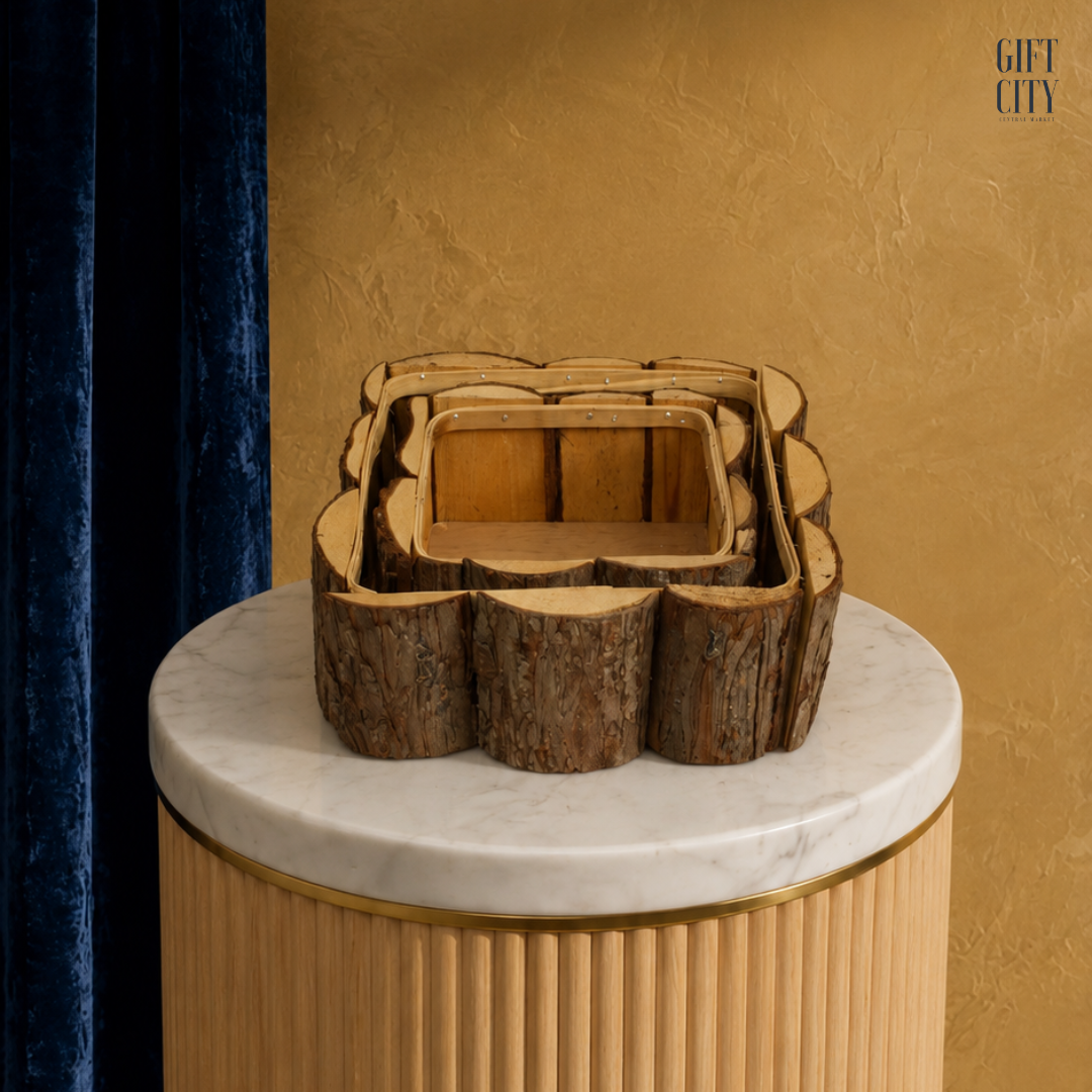 Rustic Tree Bark Wood Planter Baskets | Nesting Square Set of 2