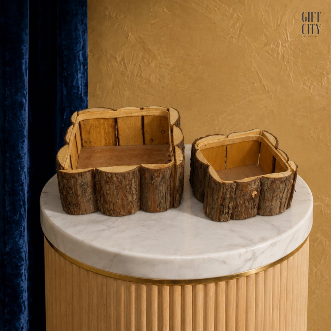 Rustic Tree Bark Wood Planter Baskets | Nesting Square Set of 2