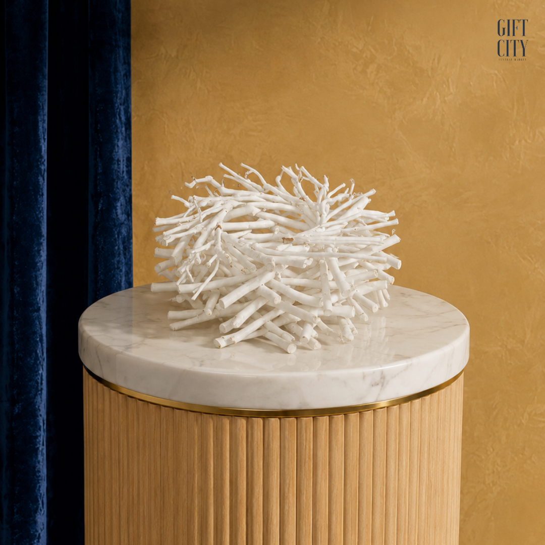 White Wood Twig Sphere Sculpture – Organic Modern Table Decor