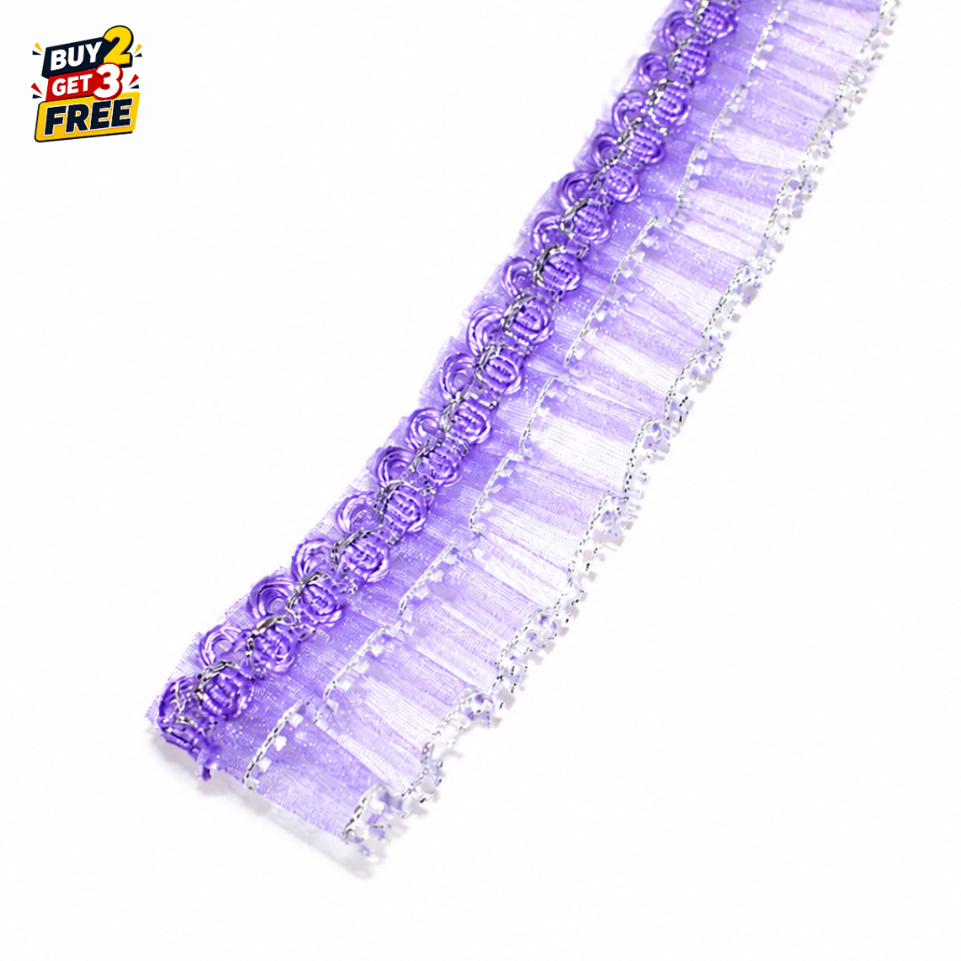 Pleated Organza Ruffled Lace Trim with Metallic Silver Edge Accent – 15 Yard