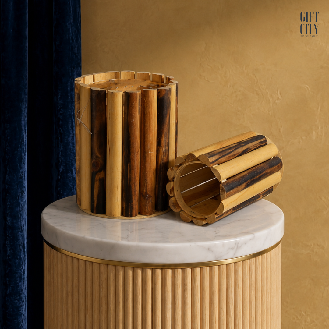 Natural Wooden Cylinder Lampshade Vase Set | Rustic Decorative Home Accent