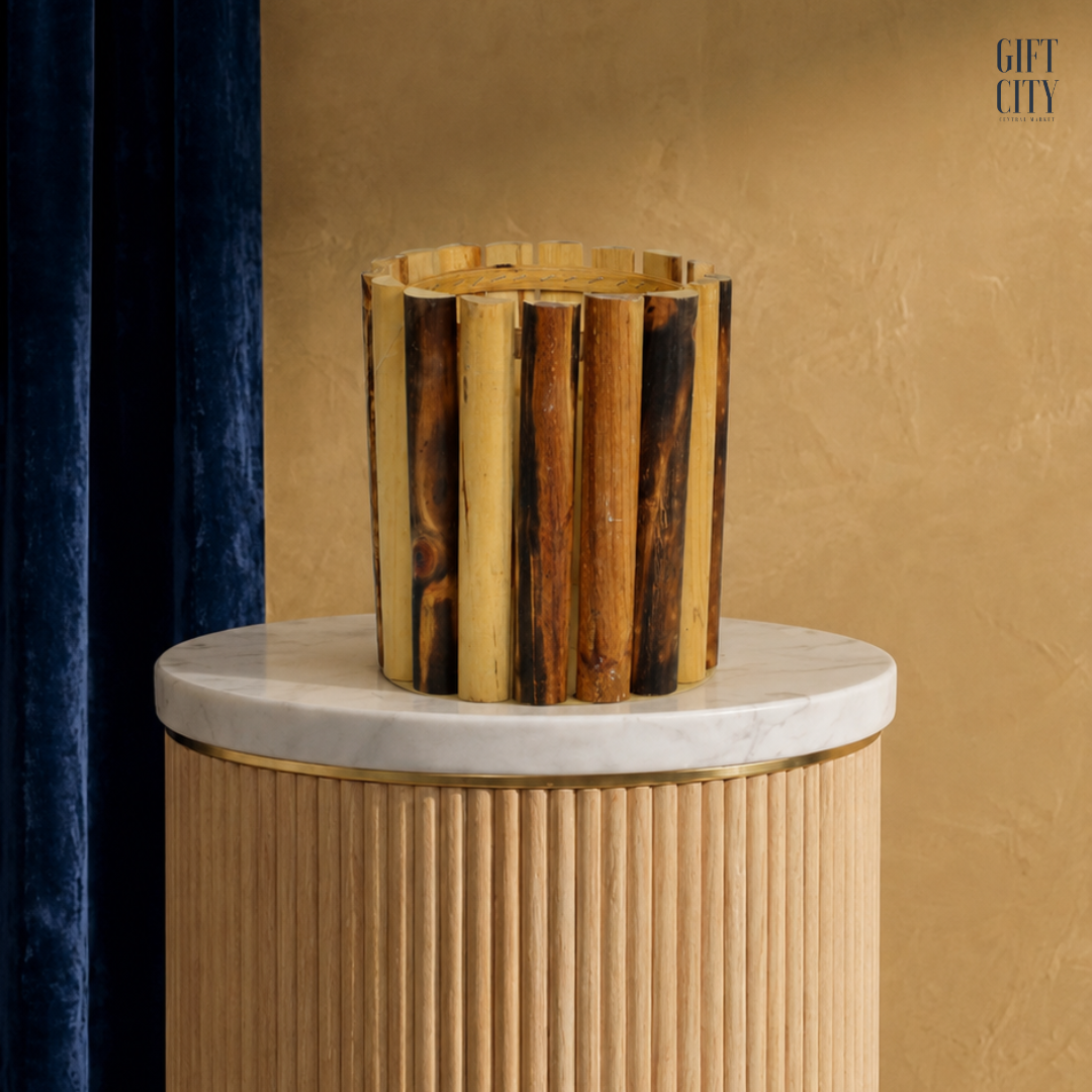 Natural Wooden Cylinder Lampshade Vase Set | Rustic Decorative Home Accent