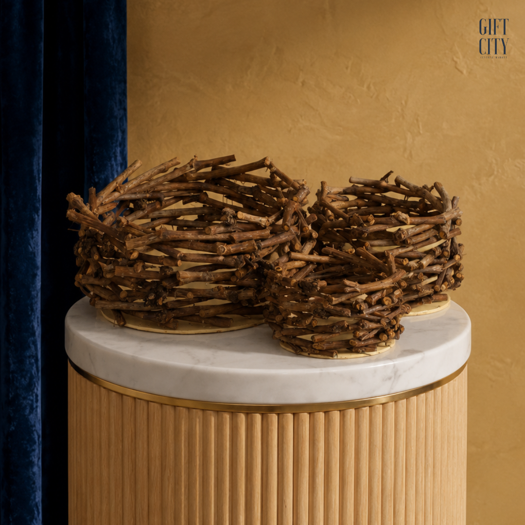 Rustic Round Twig Basket Set | Natural Nest Planters & Decorative Baskets