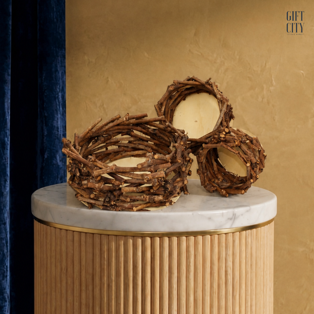 Rustic Round Twig Basket Set | Natural Nest Planters & Decorative Baskets