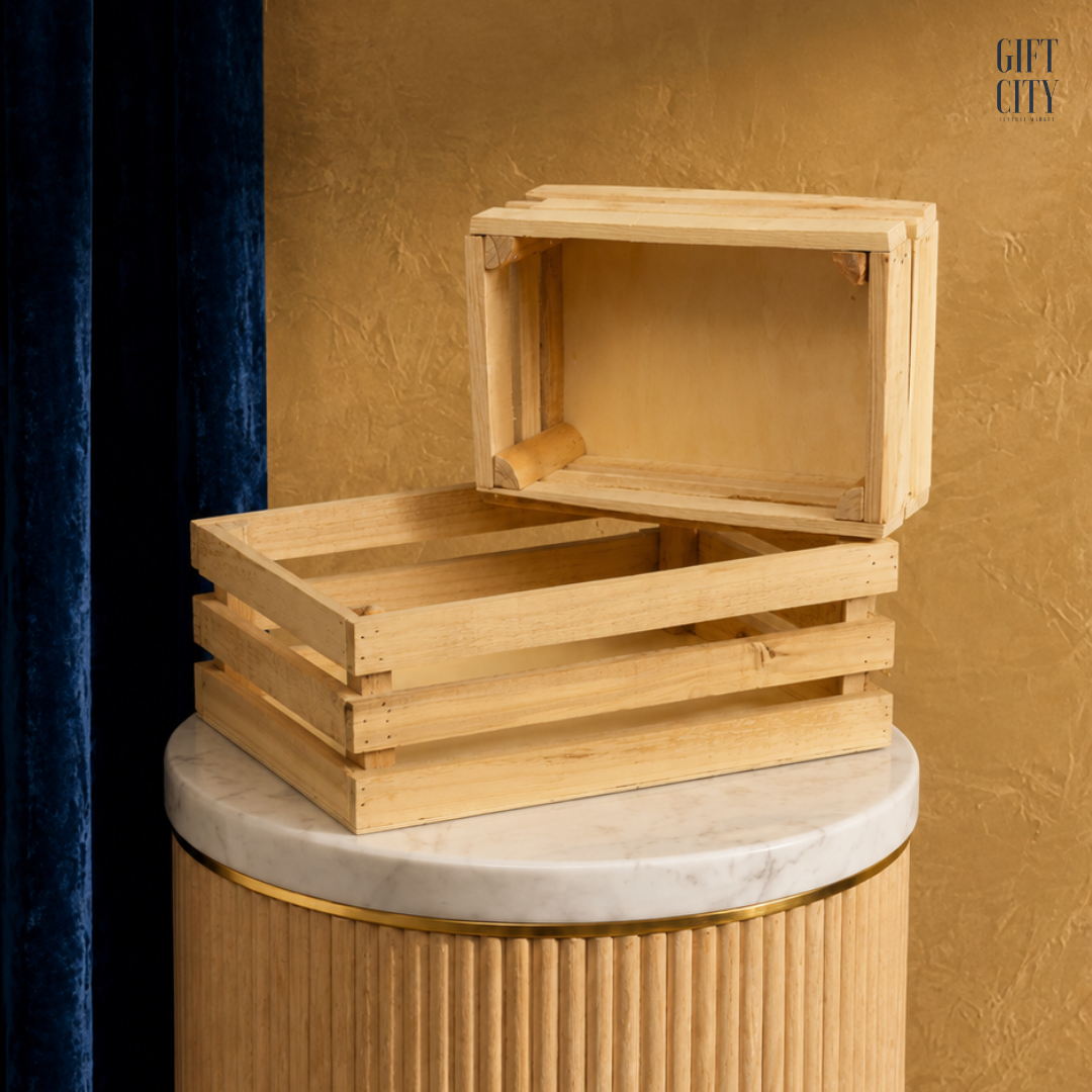 Natural Wood Gift Baskets | Stackable Rustic Display Crates Set of 2