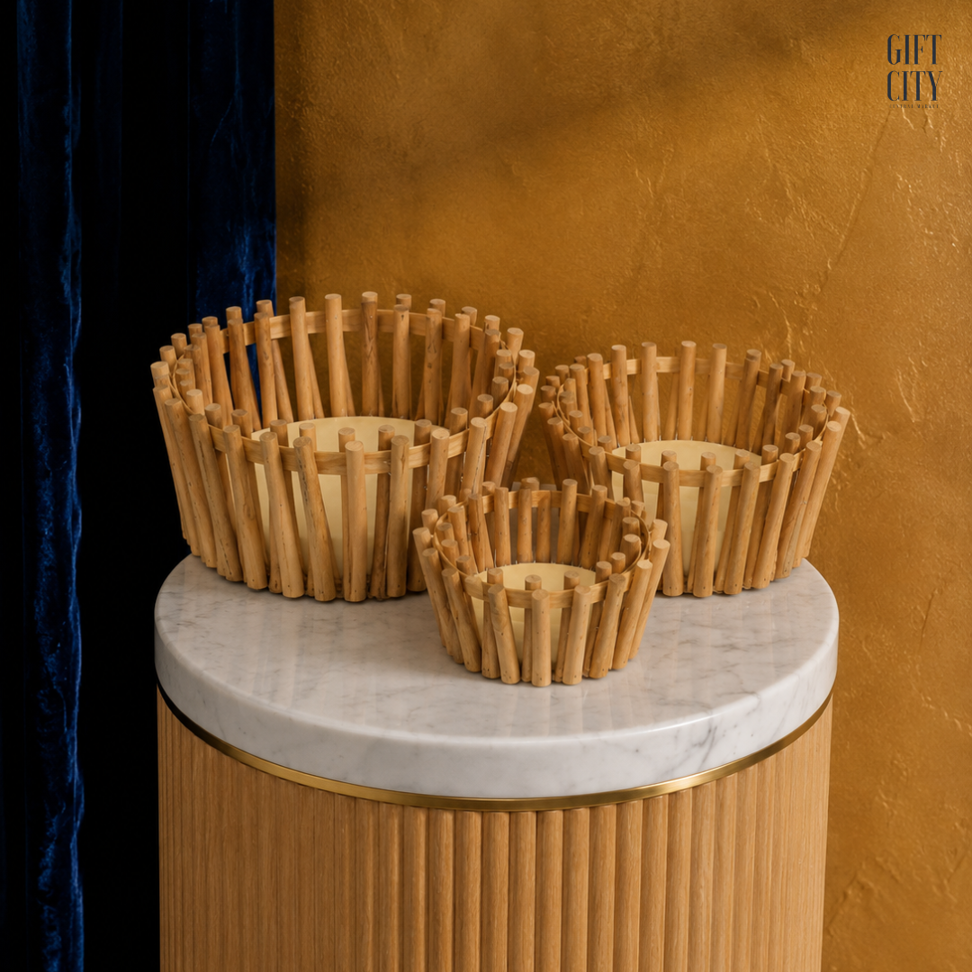 3-Piece Wooden Fruit Basket Set | Rustic Decorative Bamboo Tableware