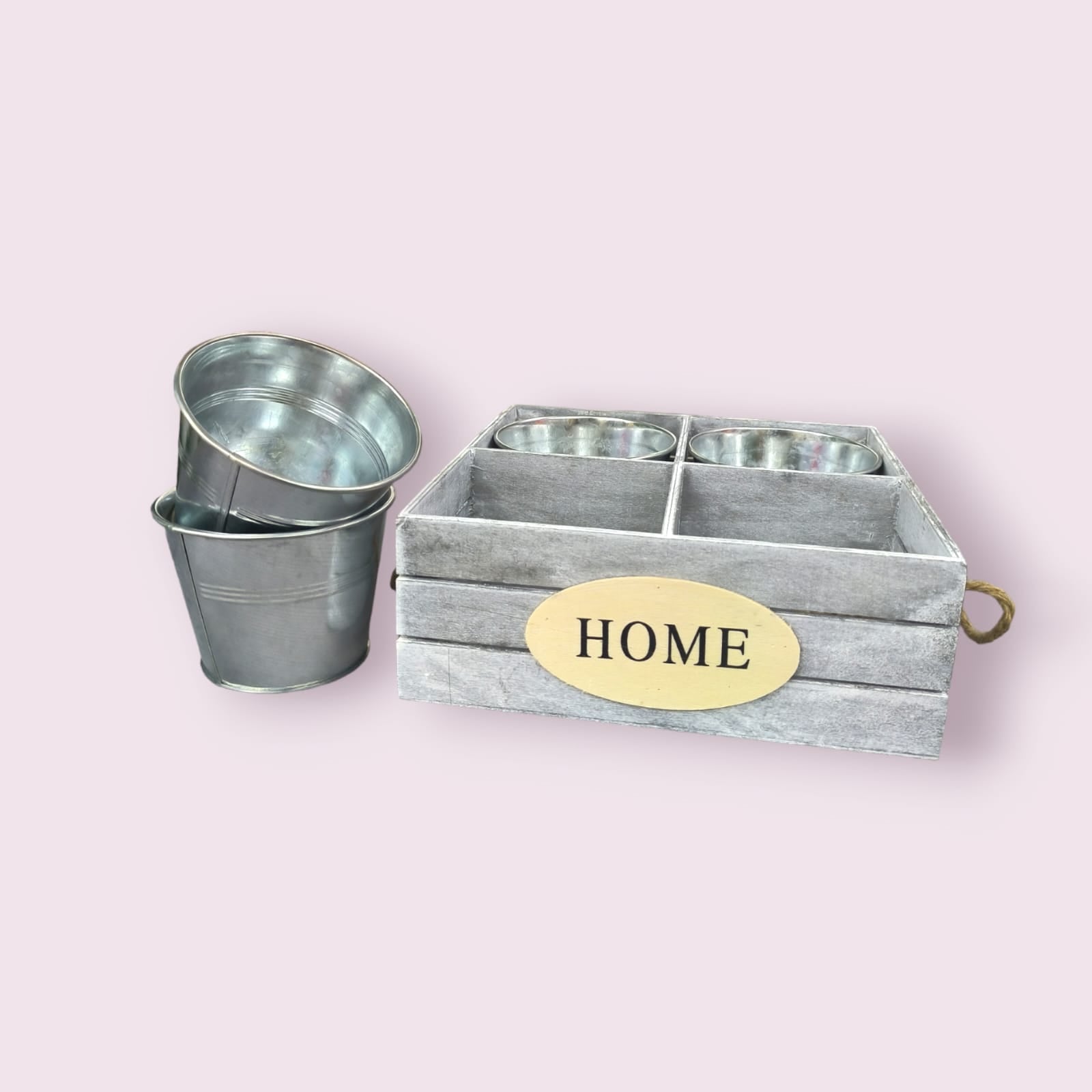 Rustic Grey Wooden Basket with 4 Metal Cups | Perfect for Rustic Decor and Events