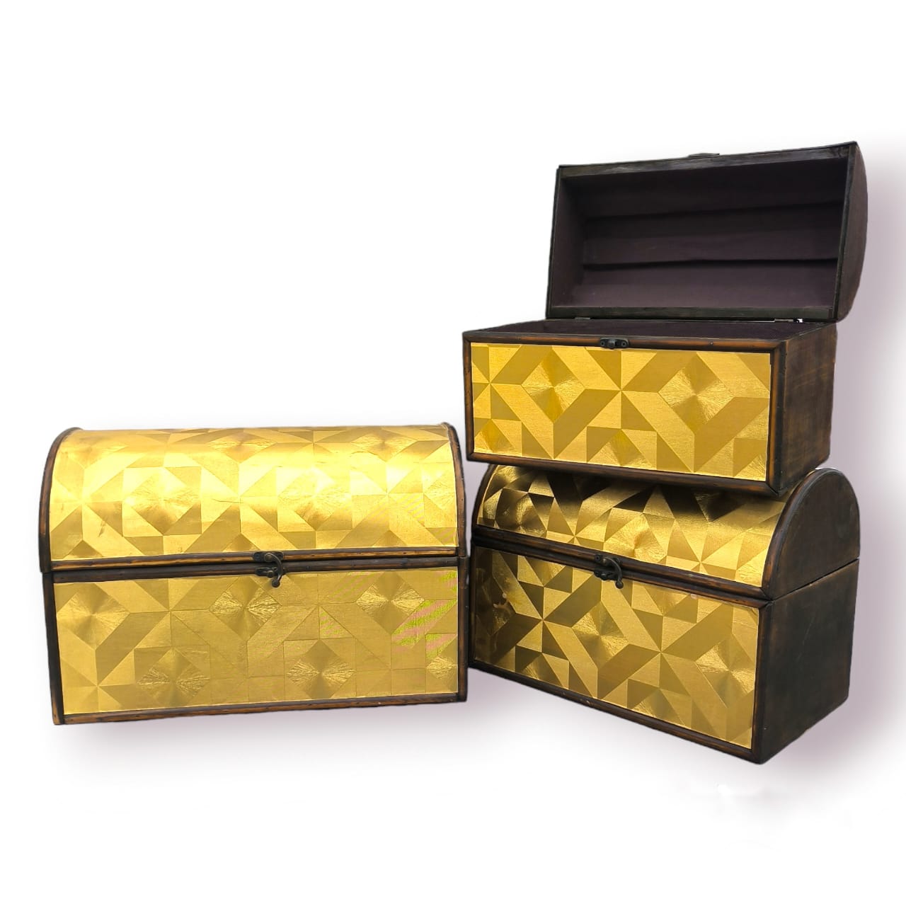 Set of 3 Gold Wooden Treasure Chest Box | Luxurious Storage & Gift Boxes