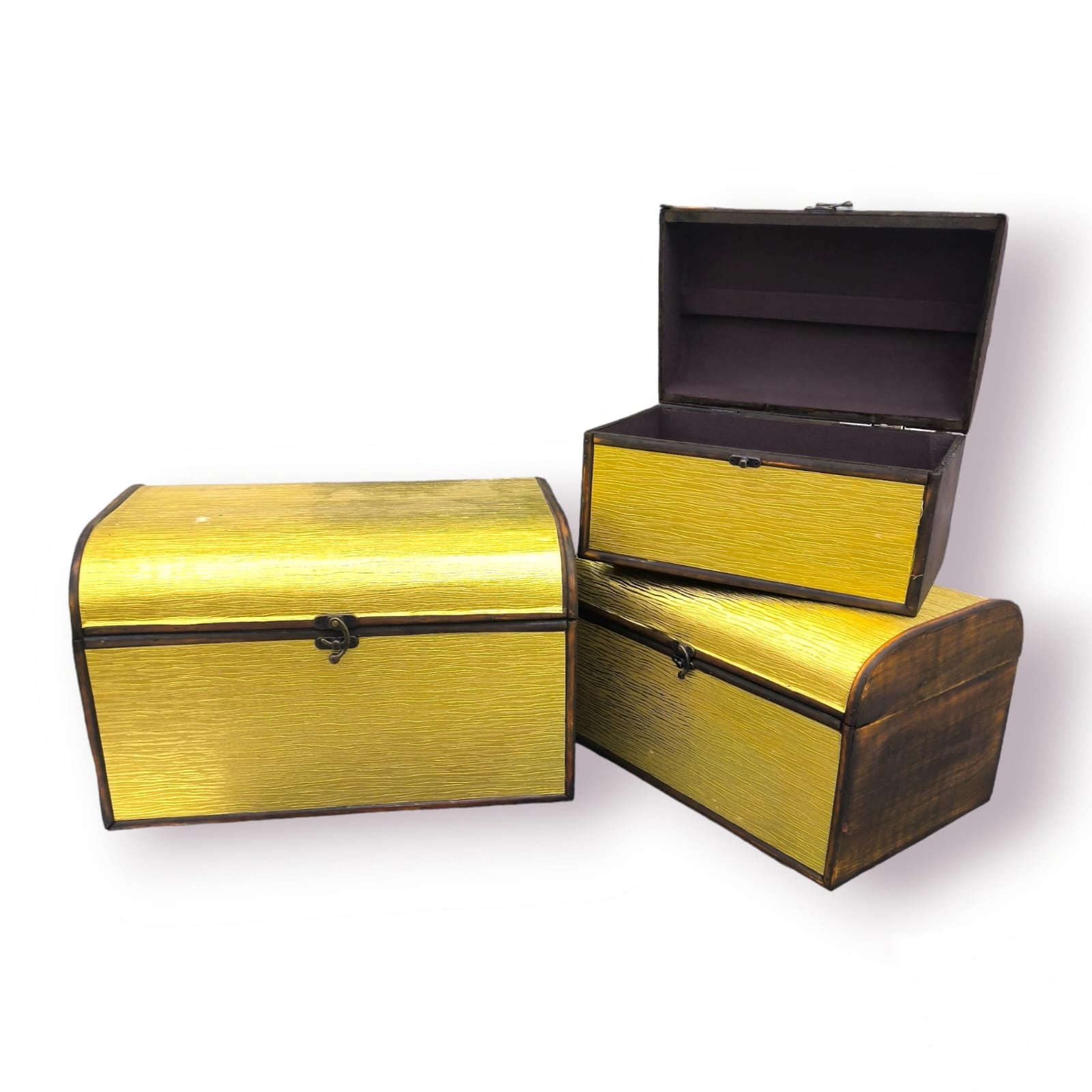 Set of 3 Gold Wooden Treasure Chest Box | Luxurious Storage & Gift Boxes