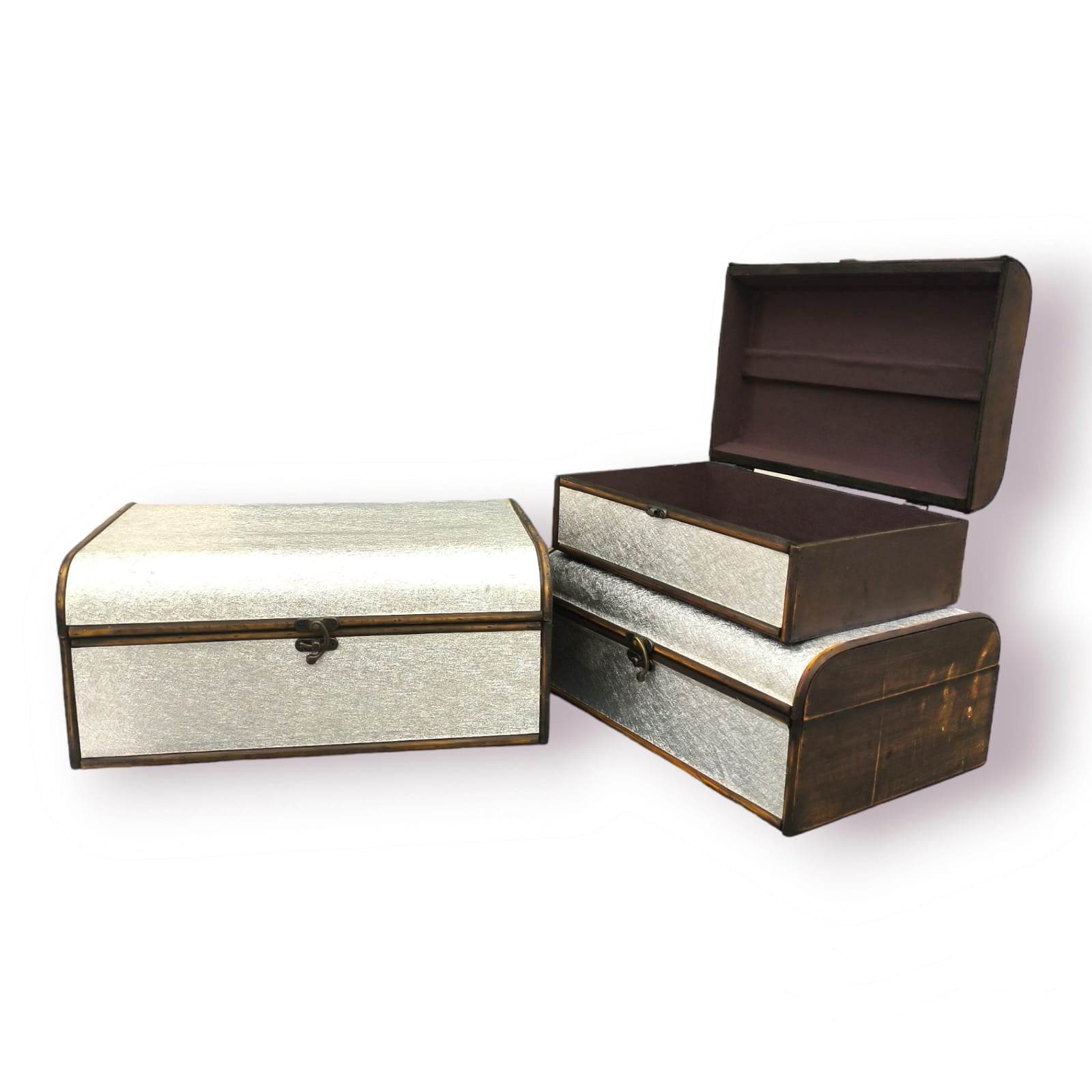 Set of 3 Silver Wooden Treasure Chest Box | Elegant Storage & Gift Boxes