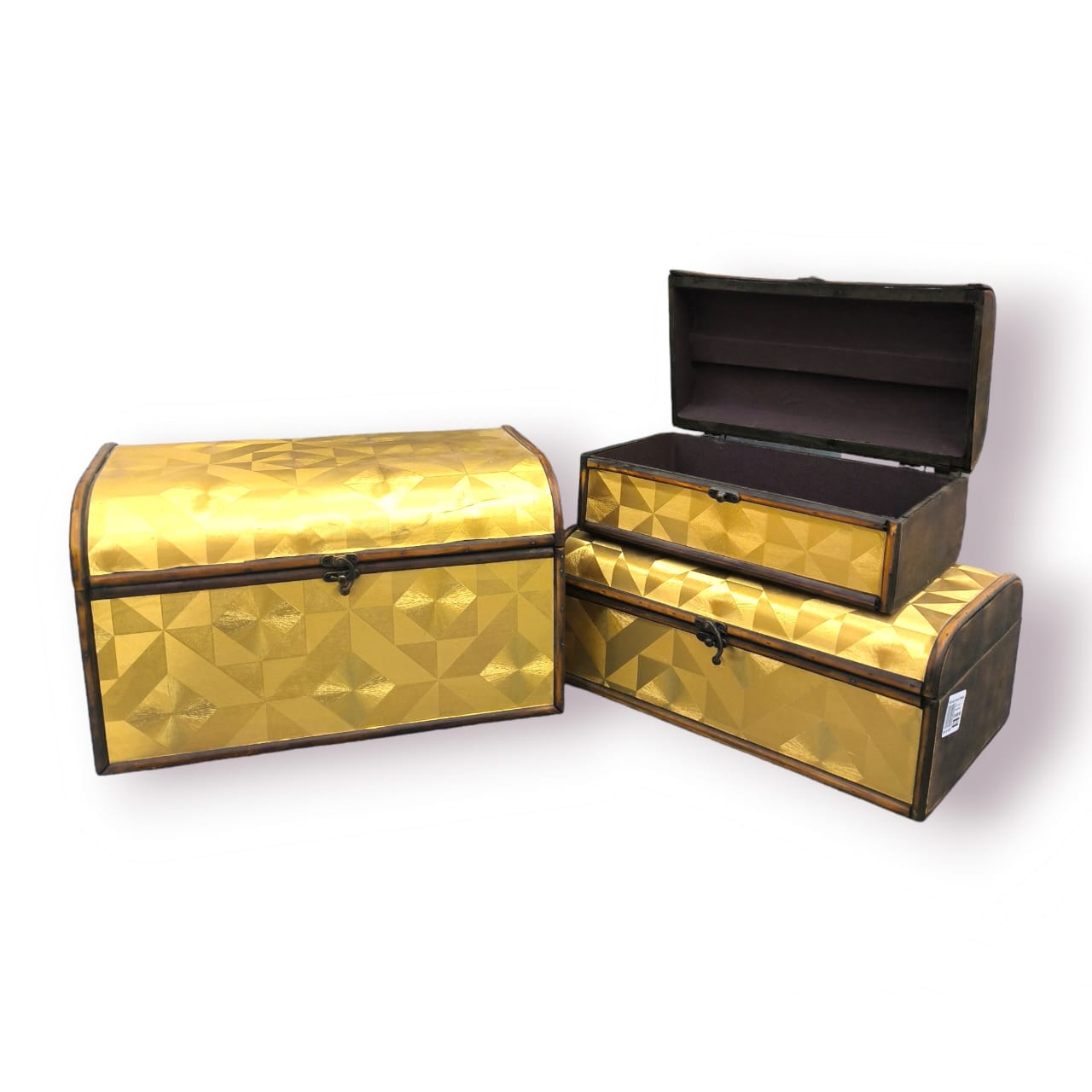 Set of 3 Gold Wooden Treasure Chest Box | Luxurious Storage & Gift Boxes