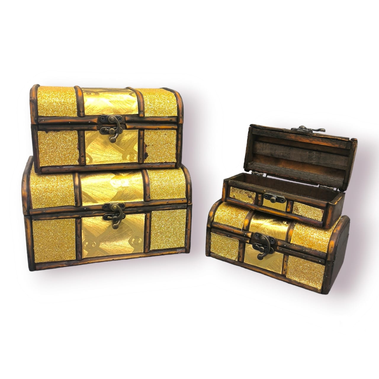 Set of 4 Wooden Treasure Chest Box | Decorative Storage & Gift Boxes