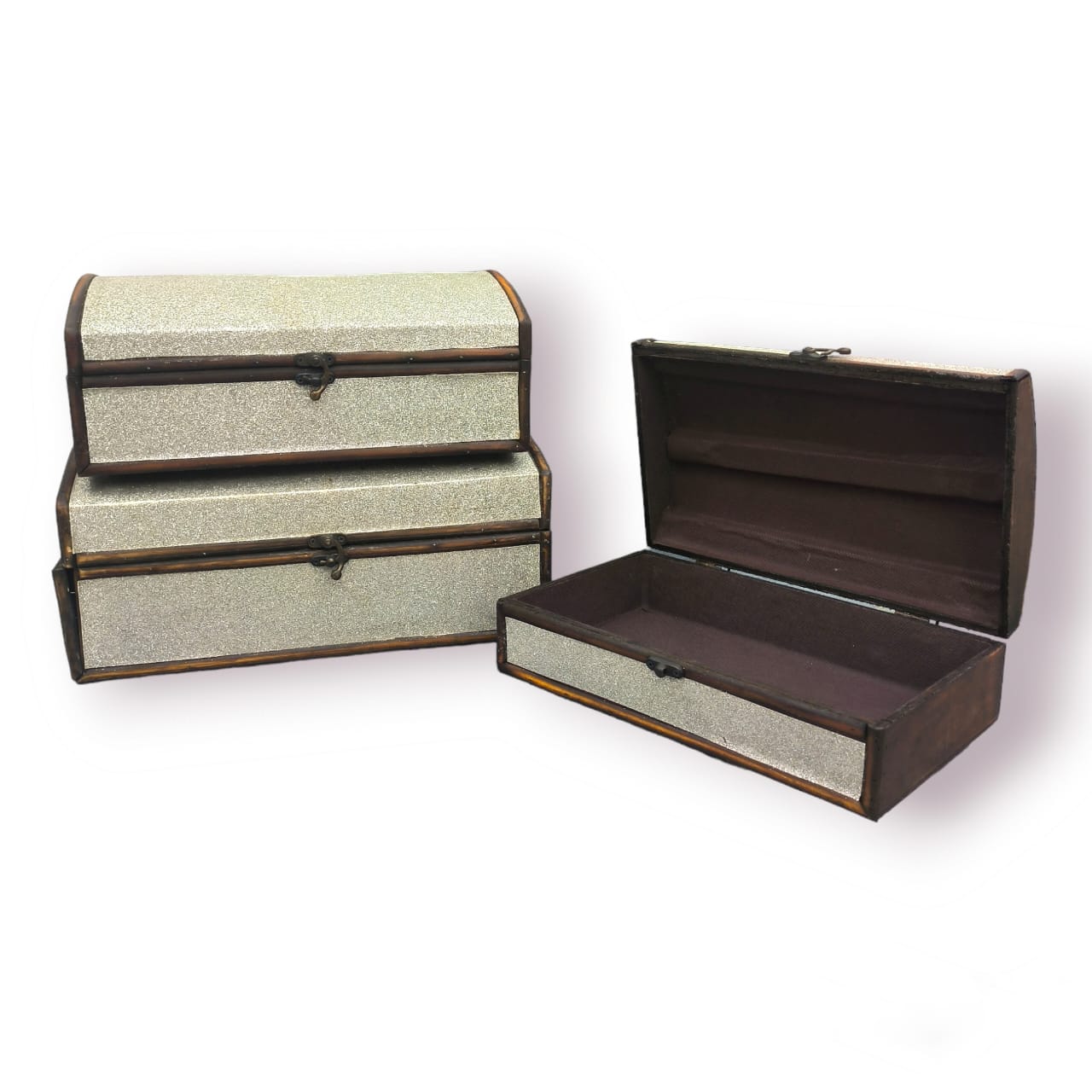 Set of 3 Silver Wooden Treasure Chest Box | Elegant Storage & Gift Boxes