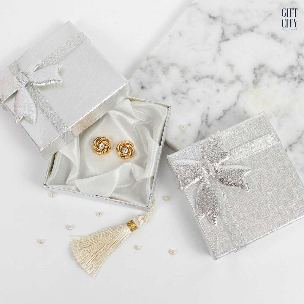 Silver Jewelry Gift Box with Ribbon 8.5x8.5x2.5cm | 12 Pc Pack