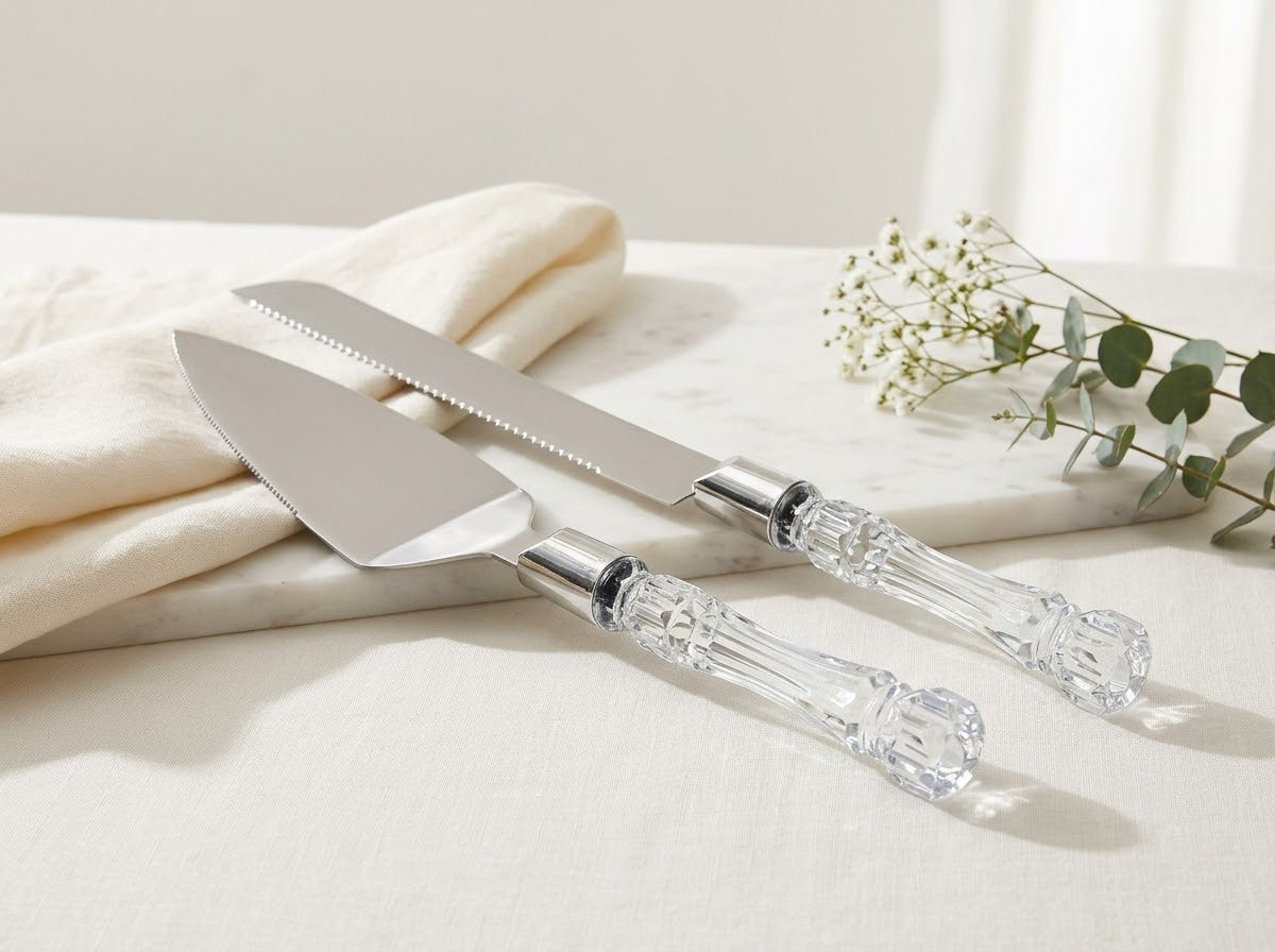 Cake Knife Server Set with Glass Handle | Elegant Wedding Cake Cutting Tools