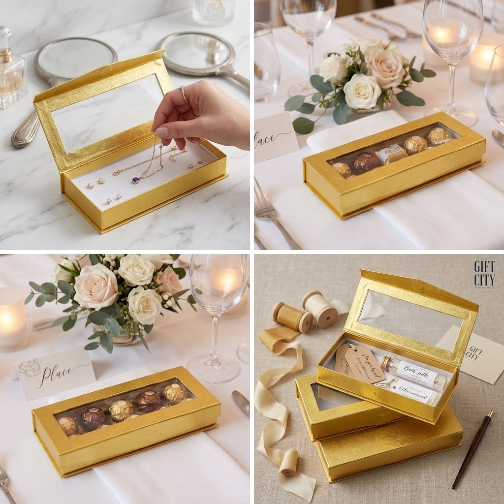 Gold Gift Box with Window 21.5x9x3cm | Magnetic Jewelry & Favor Box