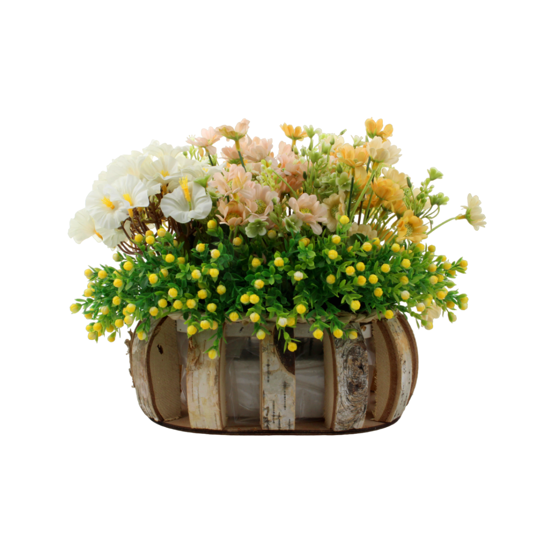 Artificial Flower Wooden Basket Flower Arrangement