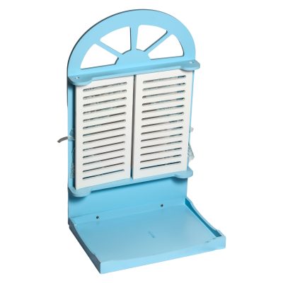 Baby Shower Window Display Stand in blue and white Charming party window display stand Blue and white baby shower decor stand Unique window shutter decoration for baby showers Elegant window display stand for events