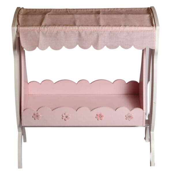 Baby Shower Decoration Stand with pink and white design Elegant party decoration stand for baby showers Pink and white baby shower display stand Baby shower stand with scalloped canopy Sturdy and charming baby shower decoration stand