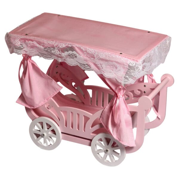 Baby Shower Carriage Decoration Stand in pink Whimsical party carriage decoration Pink baby shower carriage stand Elegant carriage decor with lace canopy Charming baby shower carriage centerpiece