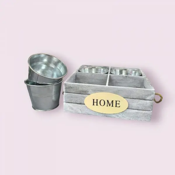 Rustic Grey Wooden Basket with 4 Metal Cups | Perfect for Rustic Decor and Events - Image 2
