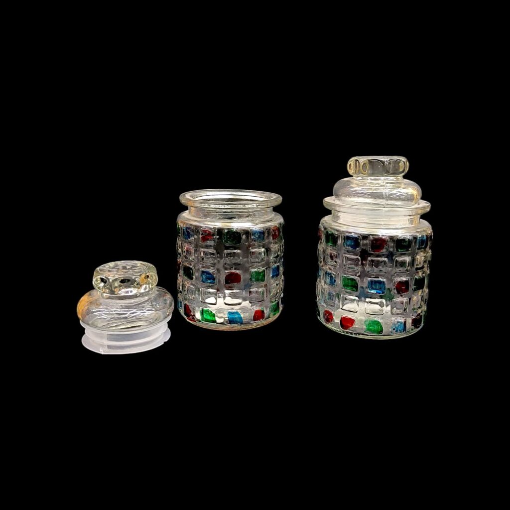 colored small jar glass, glass jar with cover lid, 12x5cm glass jar, decorative glass jar, small storage jar, colorful storage container