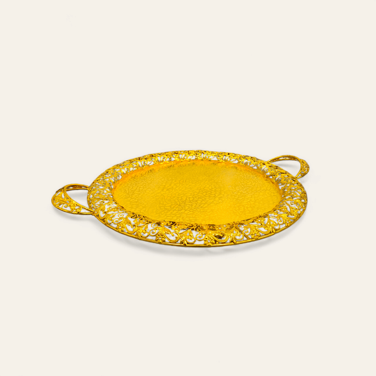 Steel serving tray with handles, gold designed serving tray, 52 cm round tray, luxury steel tray, elegant serving tray