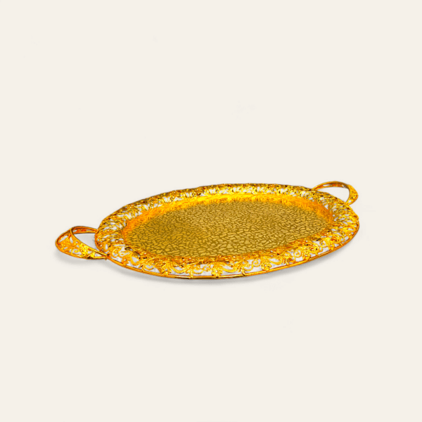 Steel oval serving tray with handles, gold designed oval tray, 60x47 cm serving tray, luxury steel serving tray, elegant oval tray