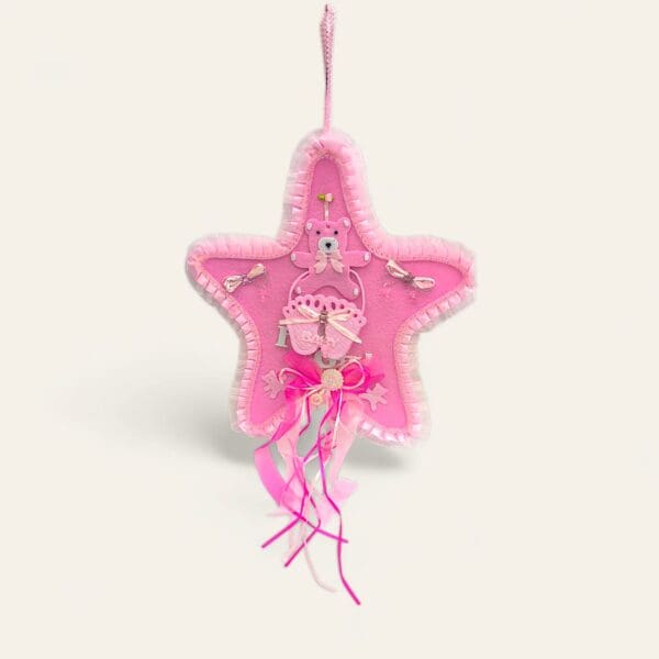 It’s a girl star-shaped hanging, baby shower star decor, pink baby bear hanging decor, organza ribbon baby decor, baby girl room decoration