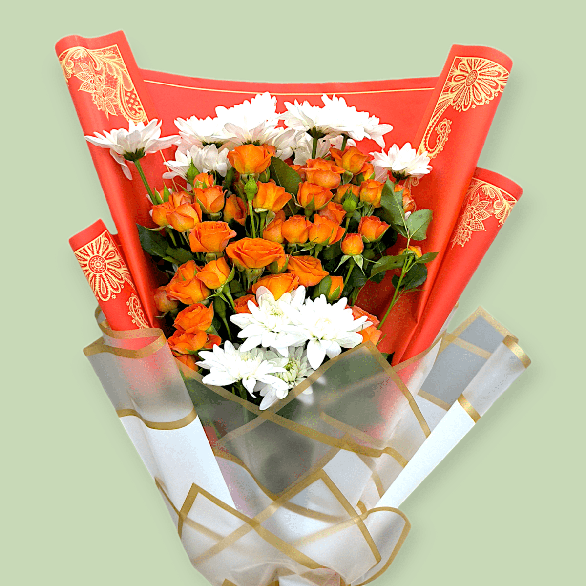 Chrysanthemum Maisy flower bouquet, baby orange rose arrangement, fresh flower bouquet, Chrysanthemum and rose bouquet, elegant floral gift