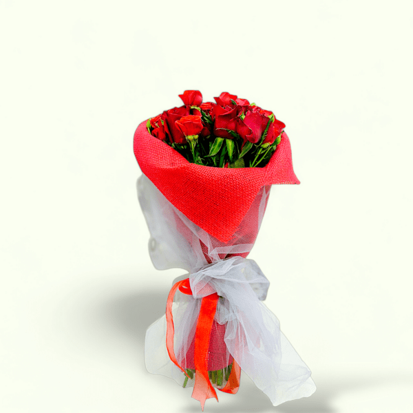 Red rose bouquet with jute wrapping, red roses with organza ribbon, romantic red rose bouquet, elegant red rose arrangement, fresh red rose gift bouquet