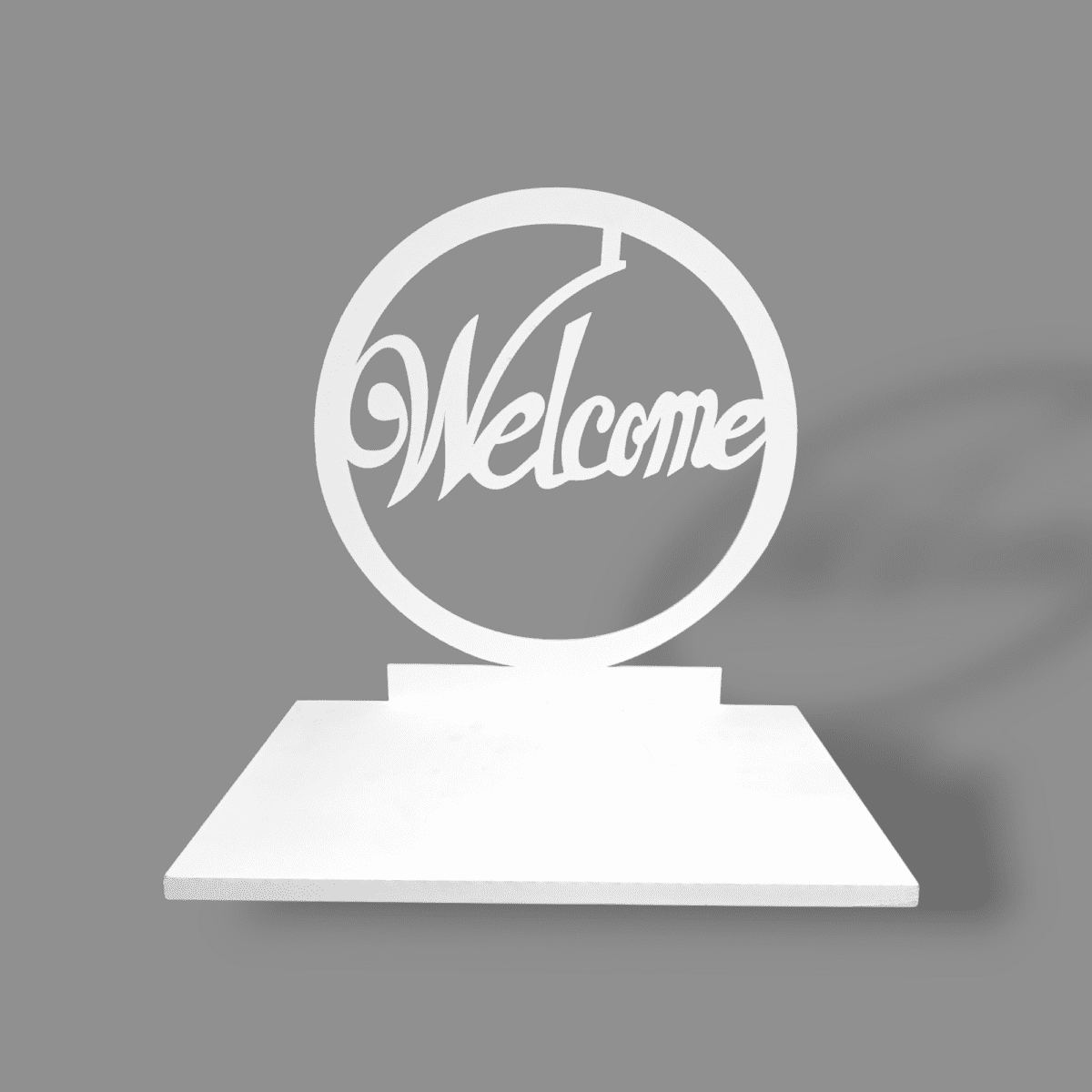 Welcome wooden name cutout, wooden sign with white base, reusable decor for events, stylish home decor, wooden welcome sign