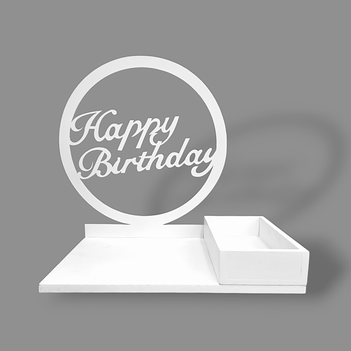 Happy Birthday wooden name cutout, birthday wooden decor with base, white wooden gift box, reusable party decor, birthday table centerpiece