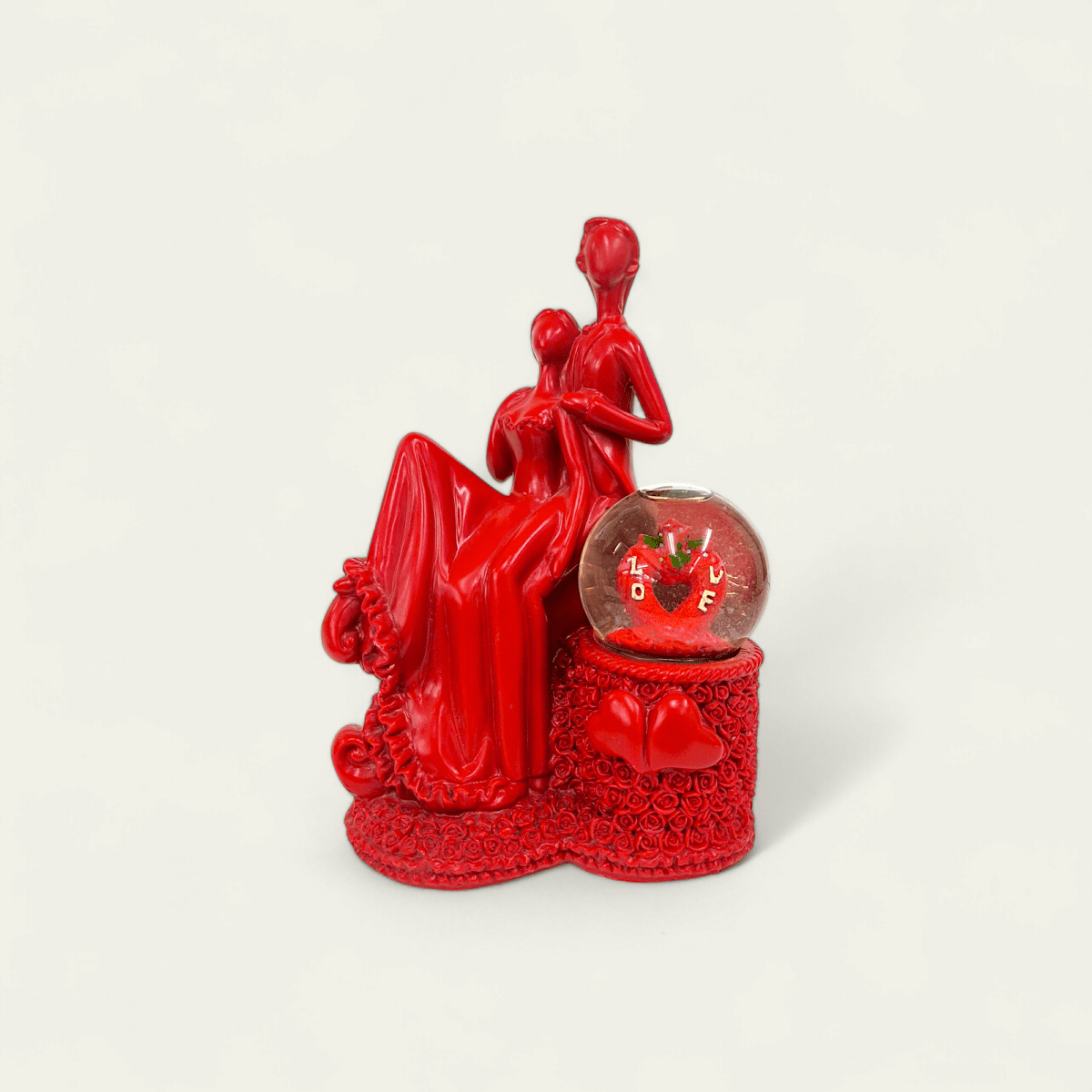 Red Polyresin Couple Sitting Statue, couple sitting snow globe figurine, romantic red statue with snow globe, polyresin love decor, snow globe couple statue