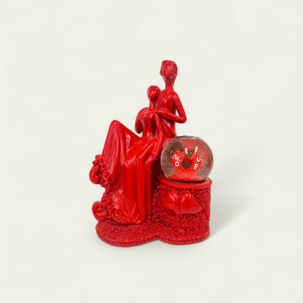 Red Polyresin Couple Sitting Statue, couple sitting snow globe figurine, romantic red statue with snow globe, polyresin love decor, snow globe couple statue