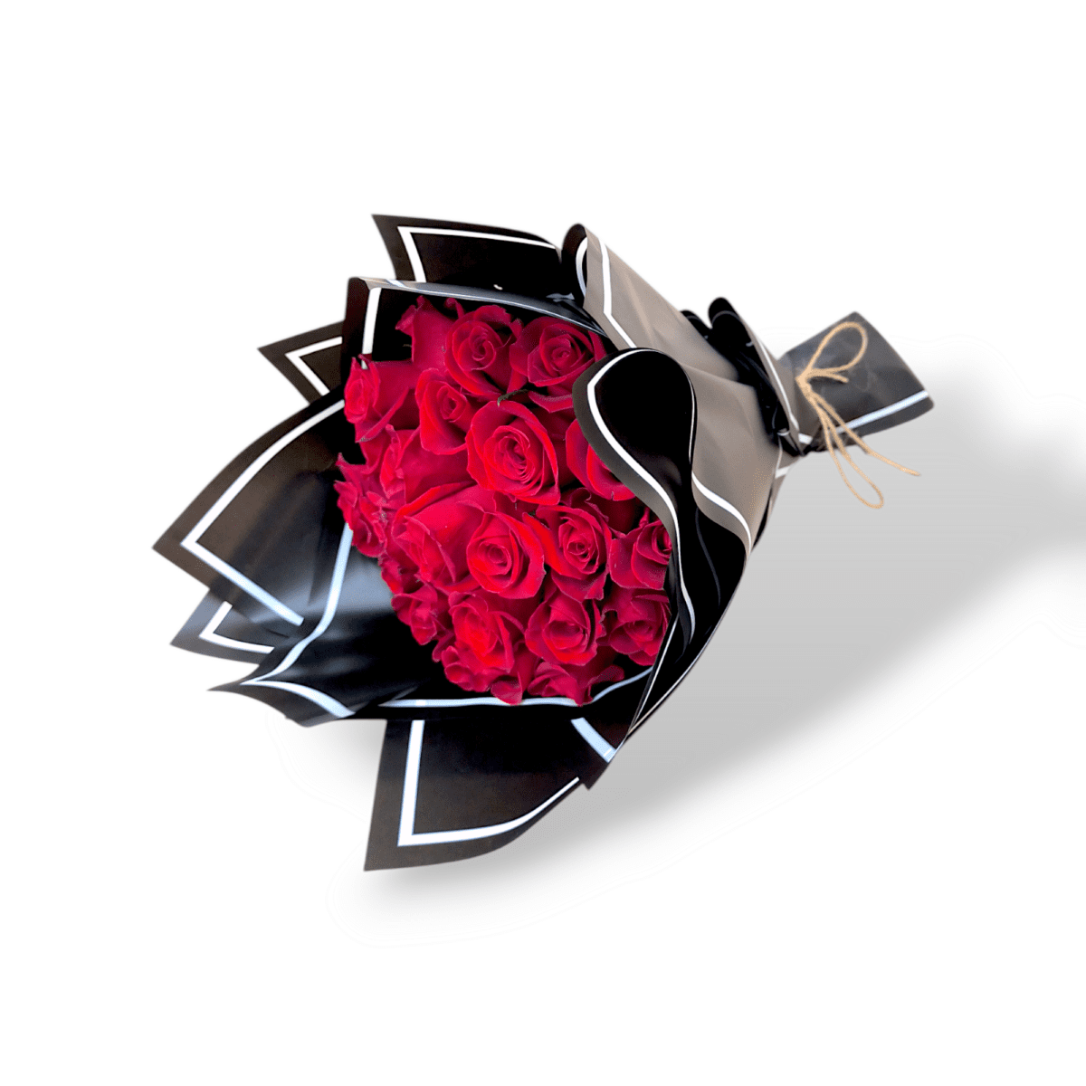 Red roses hand bouquet, 25 red roses wrapped in black, black and white line flower bouquet, romantic floral gift, luxurious flower arrangement