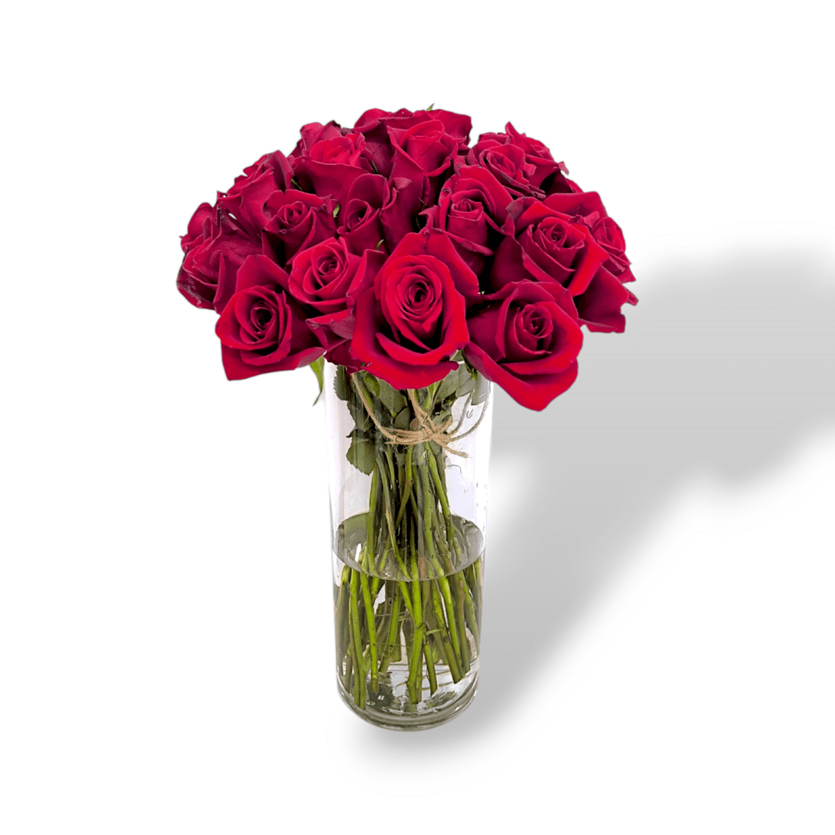 Red rose bouquet in glass vase, 25 red roses arrangement, romantic floral gift, elegant vase with fresh roses, Valentine’s Day flower bouquet