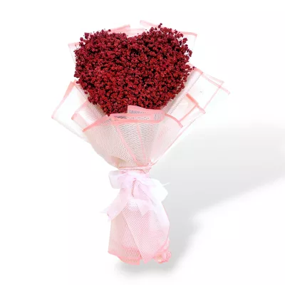 Heart-shaped hand bouquet, red gypsy flower bouquet, romantic Valentine’s floral gift, elegant heart-shaped flower arrangement, red gypsy flowers