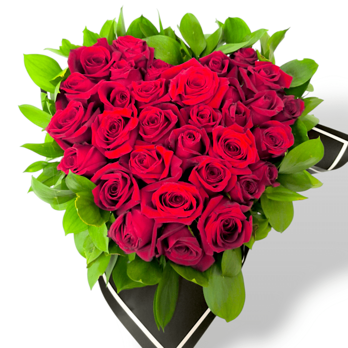 Heart-shaped red rose bouquet, 30 red roses with green leaves, romantic floral arrangement, Valentine’s Day rose bouquet, elegant heart bouquet