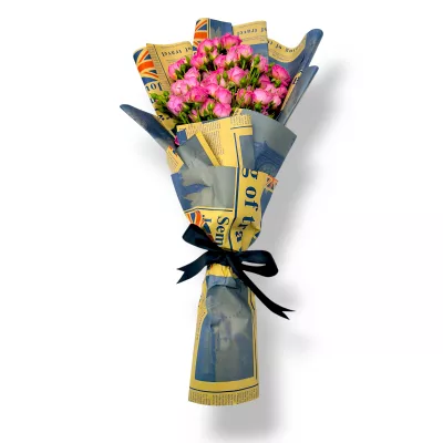 Pink rose hand bouquet, newspaper wrapping floral arrangement, black ribbon tied bouquet, elegant pink roses, trendy rustic bouquet